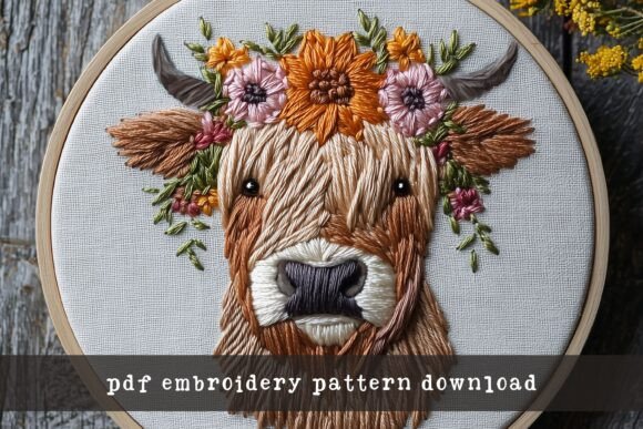 Floral Highland Cow Hand Embroidery