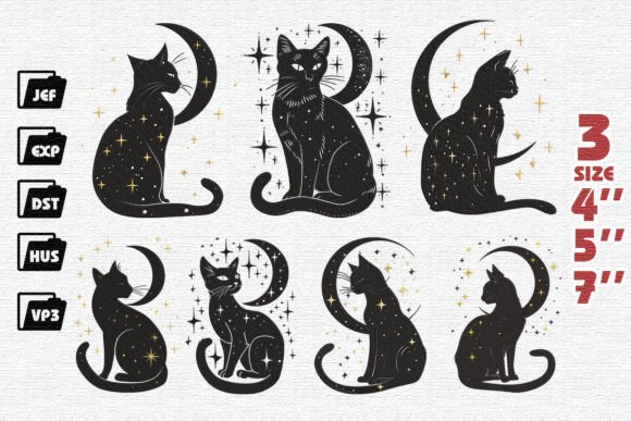 Set of 7 Mysterious Cat Embroidery